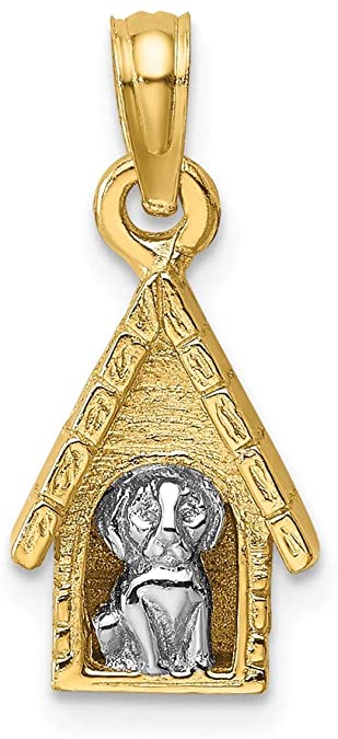 14k Two-tone Gold with White Rhodium Plated 3-D Dog Inside Dog House Charm Pendant