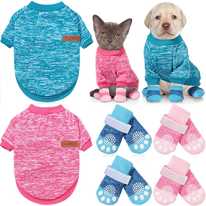 2 Pieces Dog Sweaters and 8 Pieces Anti-Slip Dog Socks Soft Warm Pet Clothes Pet Paw Protector with Adjustable Strap for Winter Christmas - Large