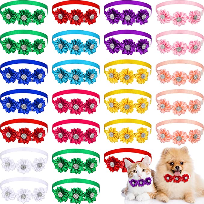 25 Pieces Dog Bowtie Dog Cat Bow Tie Dog Flower Collar Diamond with Adjustable Collar Pet Flower Collar Diamond Crystal Christmas Dog Accessories for Dogs Cats Summer Wearing