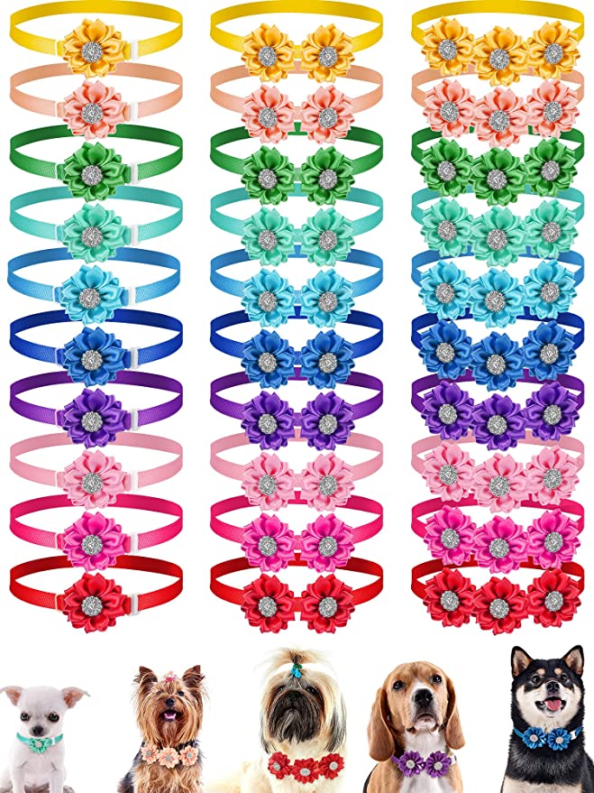 30 Pieces Dog Bow Tie Christmas Pet Flower Collar Diamond Crystal Christmas Dog Accessories Dog Flower Bows Small Dogs Cat Puppy Bowtie Collar Dogs Bowties Pet Supplies