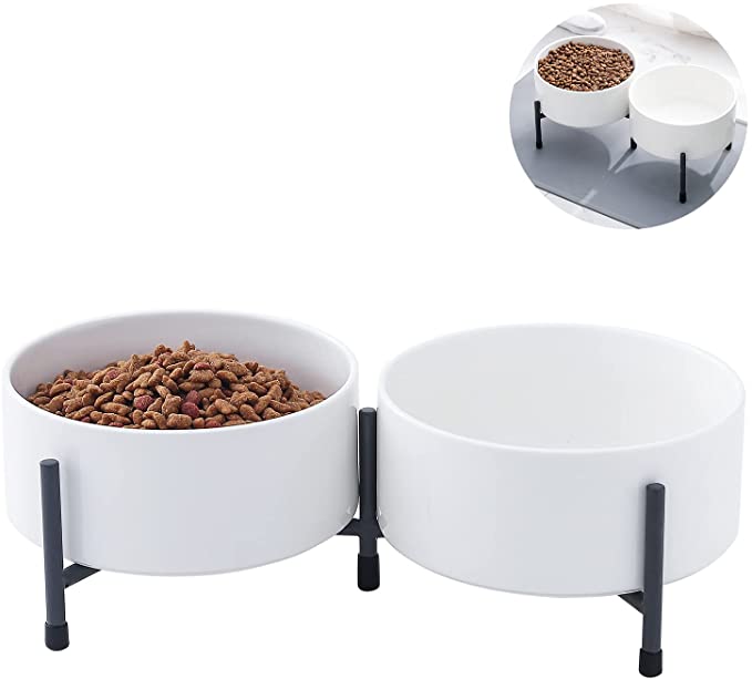 32 oz Ceramic Dog Cat Bowl Set of 2 with Elevated Metal Stand - 6 Inch Ceramic Round Pet Food and Water Feeder Bowl Dish for Cats & Dogs