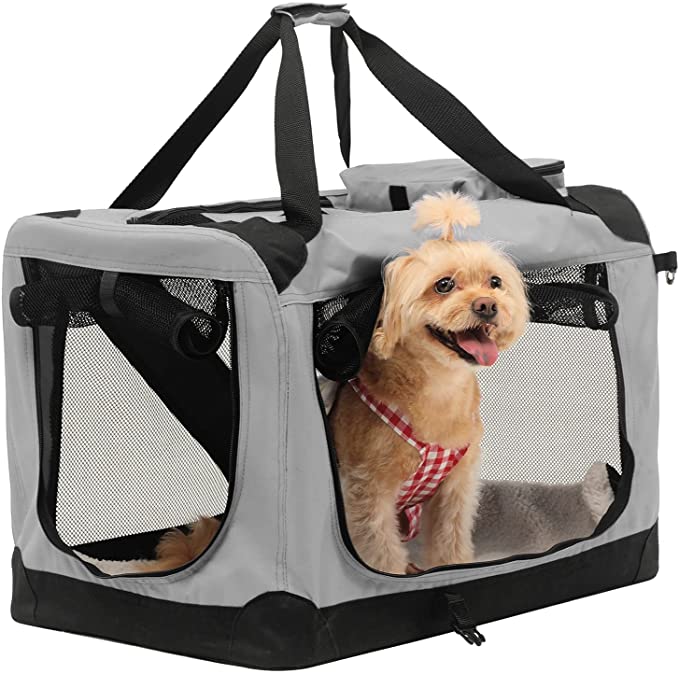3-Door Soft Dog Crate, Portable Dog Crate for Travel Soft Sided Folding Pet Carrier with Mesh Mat for Cats - Grey
