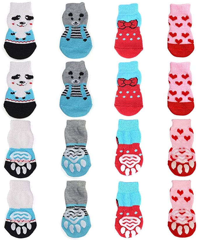 4 Pairs Anti-Slip Dog Socks&Cat Socks with Rubber Reinforcement, Pet Paw Protector for Hardwood Floors, Indoor Wear