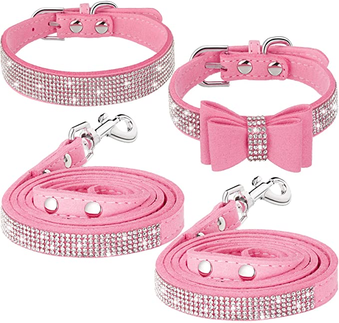 4 Pieces Puppy Bling Collars Set 1 Piece Rhinestone Dog Collar 1 Piece Bling Pet Collar with Bow and 2 Pieces Dog Leashes for Pet Dog Cat Puppy