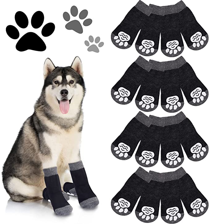 4 Sets 16 Pieces Non-Slip Dog Socks Pet Paw Protectors with Grips Soft Knit Dog Socks for Small Medium Pets Dogs Cats Indoor Wear - Medium