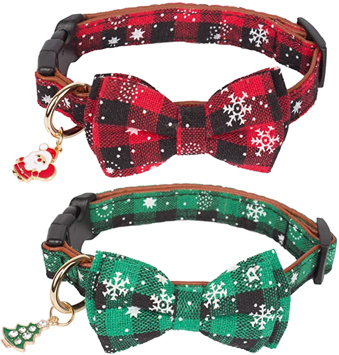 ADOGGYGO Christmas Dog Collar with Bow Tie Adjustable Bowtie Plaid Red Green Dog Pet Collars for Small Medium Large Dogs