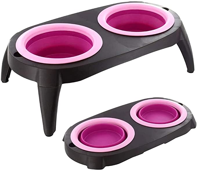 Ai Ling Cat Dog Food Bowls Elevated Dishes Stand, Travel Use Raised Pet Food Water Feeder Set with Foldable Silicone Frisbee Bowl and Detachable Leg for Small Medium Dogs Puppy