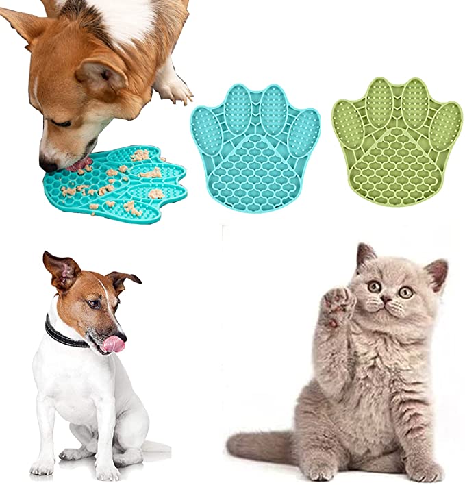 AMOGATO Cat Slow Lick Mat 2 PCS,Cat Slow Feeders for Anxious Animals,Fun Alternative to Cat Bowl,Promote Health for Cats(Green+Blue)