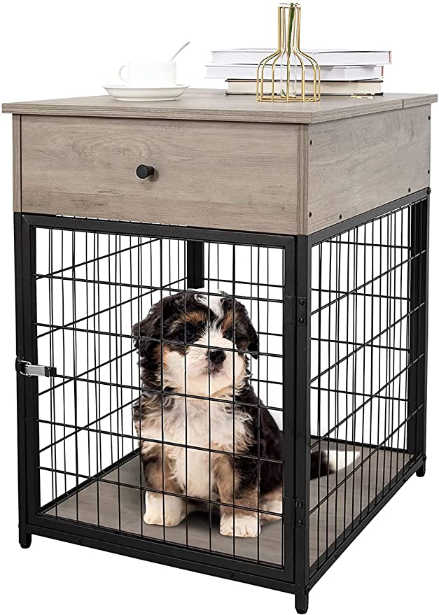 Amyove Furniture Style Dog Crate End Table with Drawer, Wood Pet Kennels Side Table Bed Nightstand, Indoor Use Chew-Proof Dog House for Small Dogs, Grey