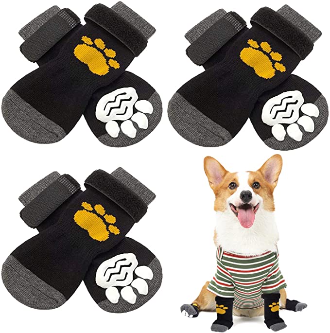Anti-Slip Dog Socks with Adjustable Straps, 3 Pairs Traction Control for Indoor on Hardwood Floor Wear, Pet Paw Protector for Small Medium Large Dogs