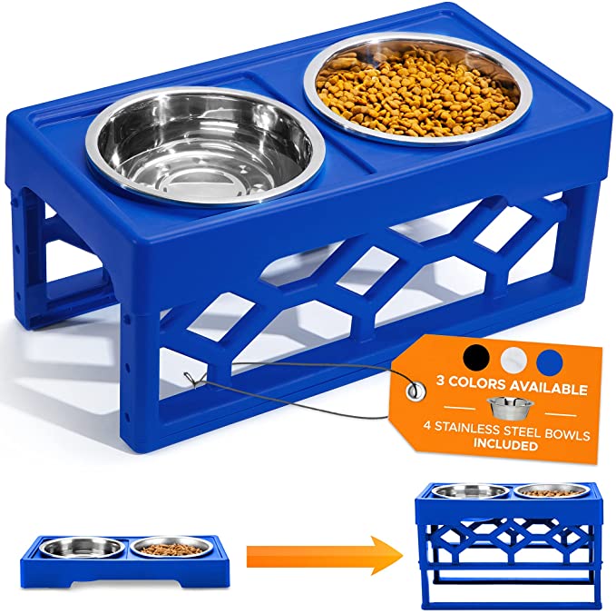 AVERYDAY Large Adjustable Elevated Dog Bowl with 4 Stainless Steel Dog Food Bowls Stand 4 Heights Anti-Slide Elevated Dog Feeding Station Perfect Raised Dog Bowls for Large Dogs and Medium Sized Dog - Ocean Blue