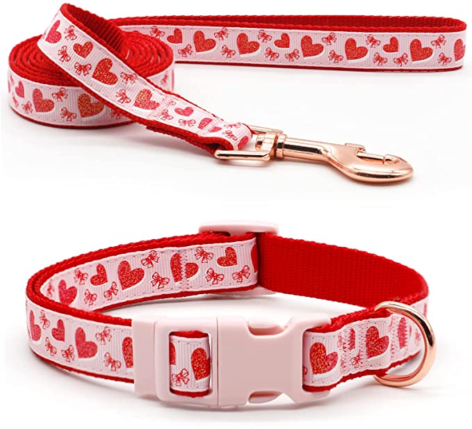 azuza Valentines Day Dog Collar and Leash Set, Adjustable Pink Dog Collar with Glittery Red Heart Pattern Matching Leash Valentines Day Gift for Small Medium Large Dogs