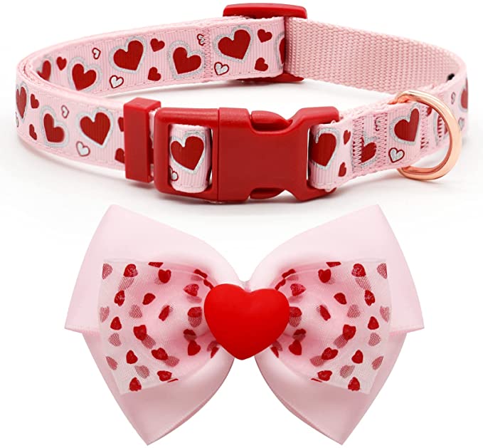 azuza Valentines Day Dog Collar Removable Valentines Bowtie Dog Collar with Lovely Red Heart Pattern Spring Dog Collar Valentines Day Gift for Small Medium Large Dogs in Valentine's Day