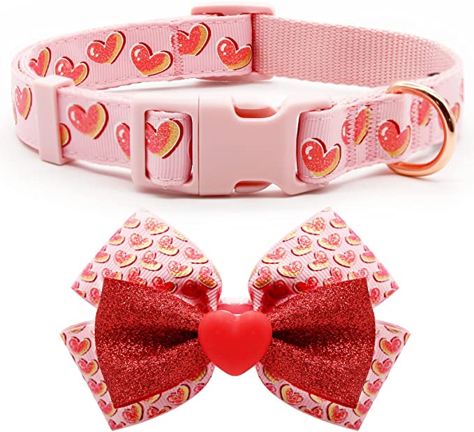 azuza Valentines Day Dog Collar Removable Valentines Bowtie Dog Collar with Romantic Pink Sparkly Hearts Pattern Adjustable Spring Dog Collar Valentines Day Gifts for Small Medium Large Dogs