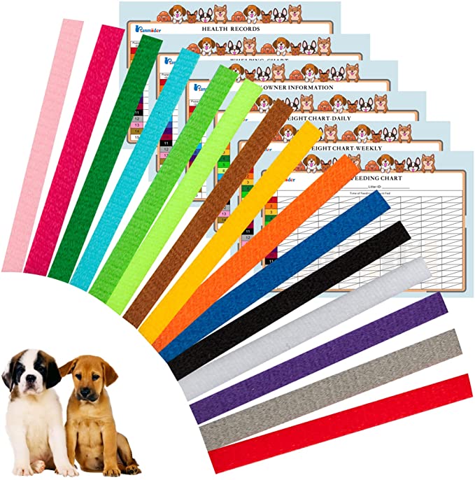 BANMODER 15 Puppy Collars - 6 Record Keeping Charts-Double Sided Super Soft Nylon Whelping Puppy ID Collars for Newborn Dogs Cats Pet