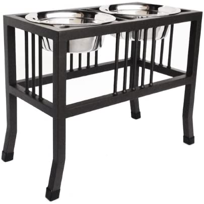 Baron Double Bowl Elevated Diner - 18" Tall - Raised Dog Feeder - Color: Black - Great for Large / XL Breeds - Best Pet Food and Water Bowls - Non-Skid Legs - Metal/Steel - Stainless Steel Bowls