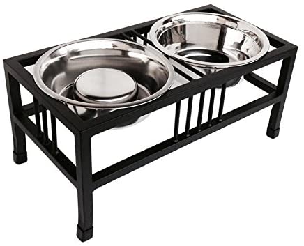 Baron Double Bowl Elevated Diner with Slow Feed Bowl - 10" Tall - Raised Feeder - Black - Pet Food and Water Bowls - Non-Skid Legs - Metal, Stainless Steel - Best Elevated Diner for Bloat