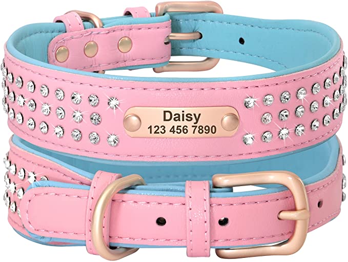 Beirui Personalized Rhinestone Dog Collar for Medium Large Dogs - Bling Dog Collar with Sparkly Crystals - Heavy Duty PU Leather Pet Custom Collar with Metal Buckle