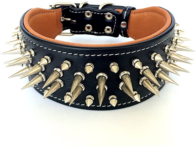 Bestia Genuine Leather Dog Collar with Screw Spikes and Soft Leather Cushion - Silver Spikes
