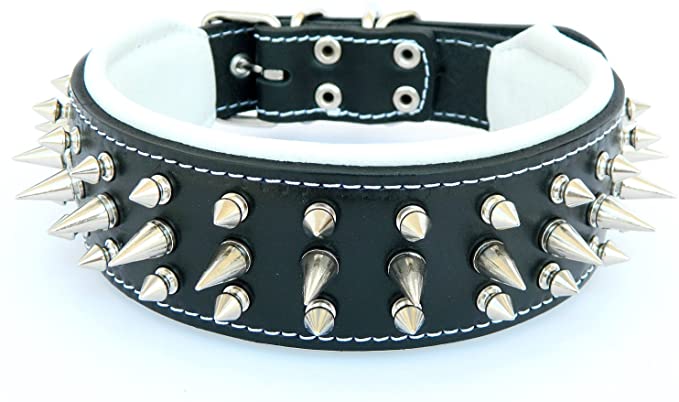 Bestia Genuine Leather Dog Collar with Screw Spikes and Soft Leather Cushion - Cushion White