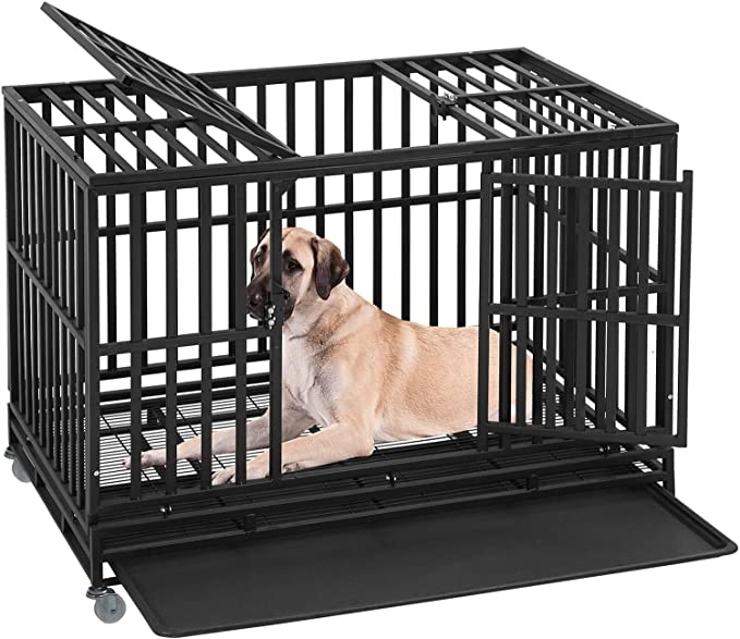 BestPet Heavy Duty Dog Crate for large Dogs,48 Inch Metal Dog Kennel outdoor Double-Door Pet Dog cages with Divider Panel &,Plastic Tray & Locks Design,Black
