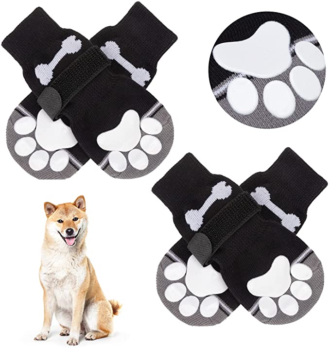 BINGPET Anti-Slip Dog Socks with Bone Embroidery Pattern - 2 Pairs Soft and Breathable Pet Puppy Paw Protector