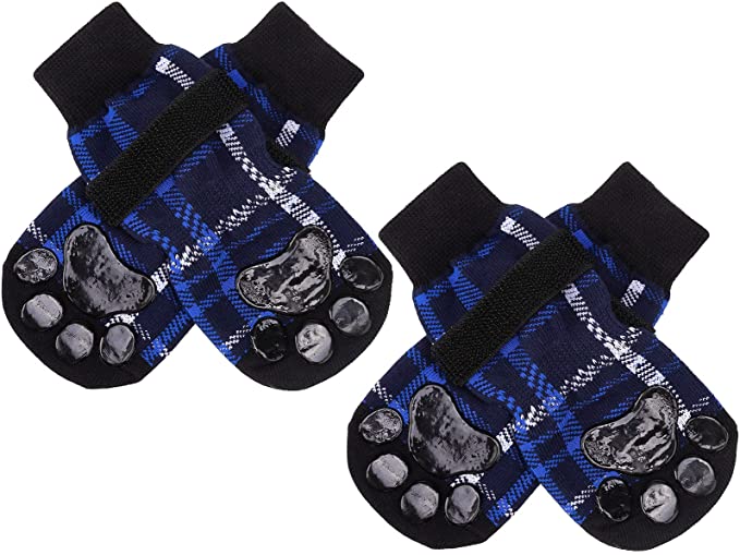 BINGPET Anti-Slip Dog Socks with Classic Plaid Design - 2 Pairs Comfortable Breathable Pet Doggy Paw Protector, Double-Sided Non-Slip Paw Patterns for Safe Indoor Wear - Medium
