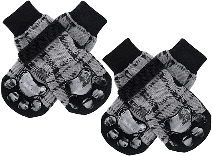 BINGPET Anti-Slip Dog Socks with Classic Plaid Design - 2 Pairs Comfortable Breathable Pet Doggy Paw Protector, Double-Sided Non-Slip Paw Patterns for Safe Indoor Wear - Small