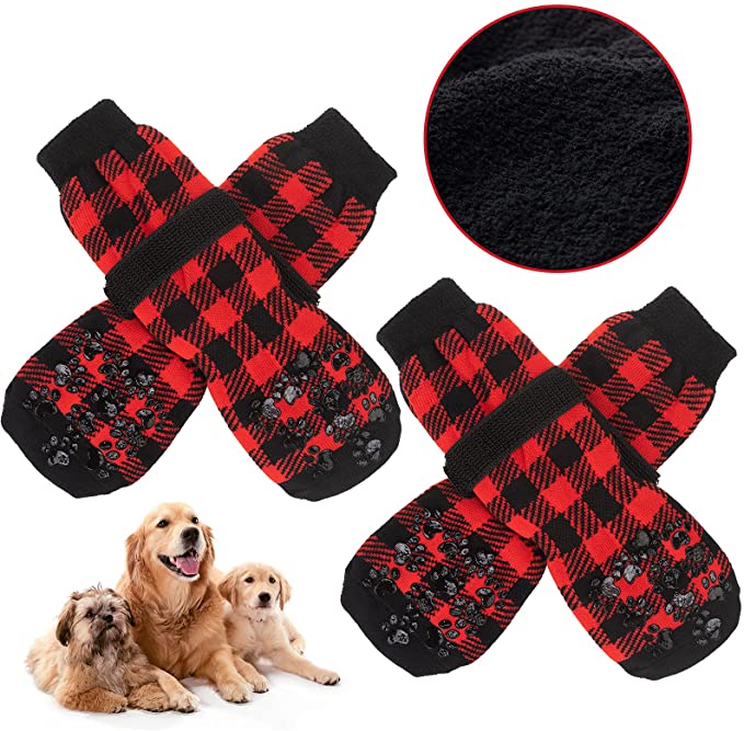 BINGPET Warm Non-Slip Dog Socks for Winter Cold Weather, Classic Plaid Soft Pet Paw Protector with Adjustable Straps and Double-Sided Anti-Slip Paw Patterns - Medium