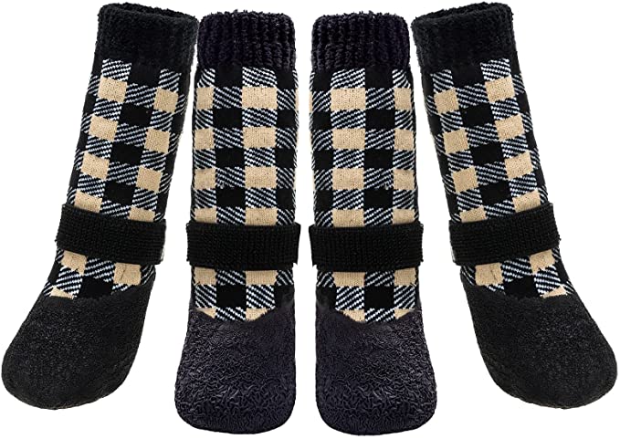 BINGPET Warm & Waterproof & Anti-Slip Dog Socks, 2 Pairs Velvet Padded Plaid Pet Paw Protector with Double Adjustable Straps and Non-Slip Rubber Sole