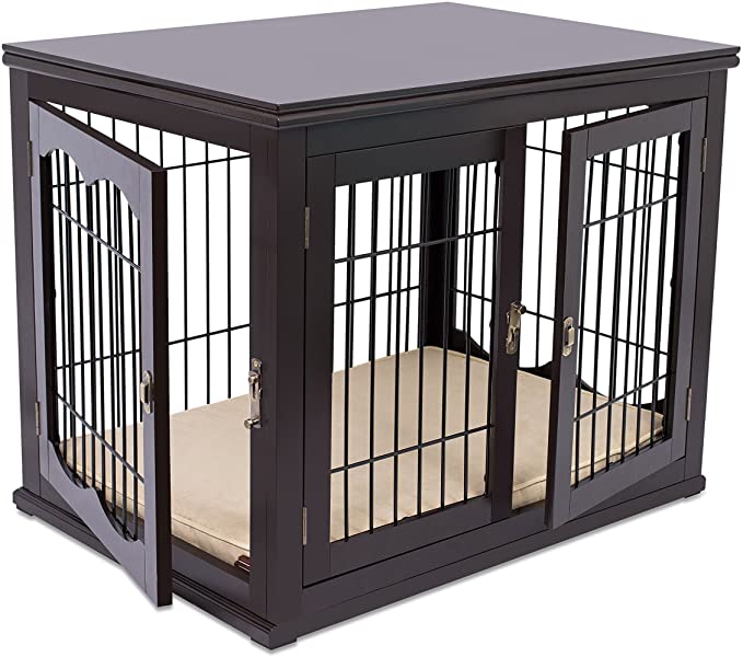 BIRDROCK HOME Decorative Dog Kennel with Pet Bed for Small Dogs - Espresso - Double Door - Wooden Wire Dog House - Indoor Pet Dog Crate Side Table - Bed Nightstand