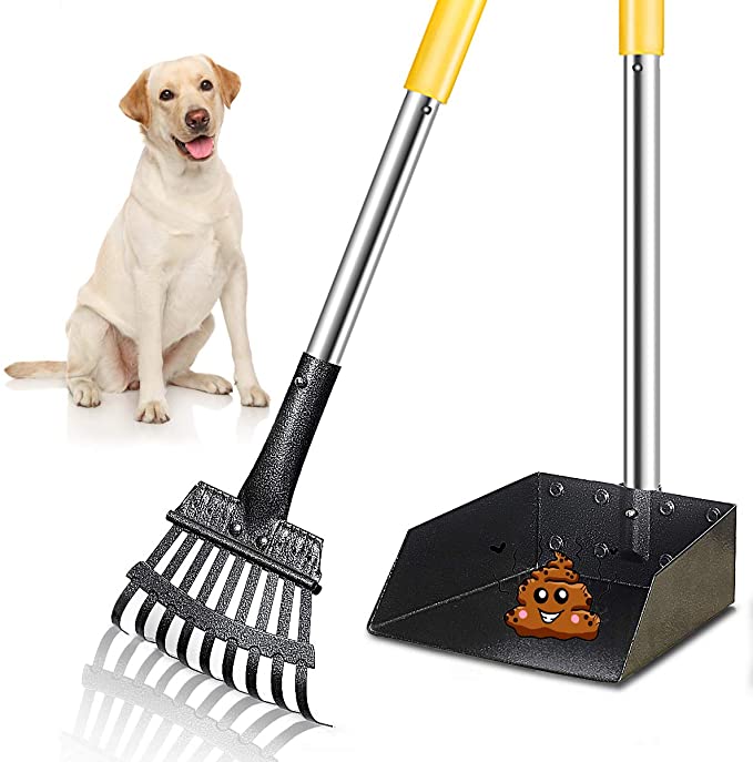 BKVESHI Dog Pooper Scooper, Poop Scooper for Dogs Upgraded Adjustable Long Handle Metal Pet Poop Tray and Rake Set for Large Small Dogs