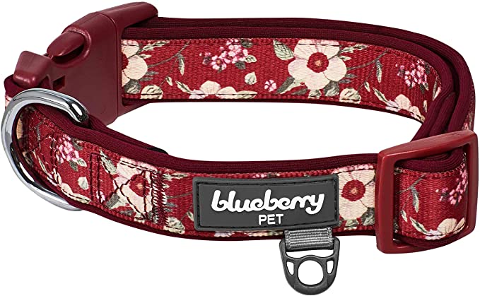 Blueberry Pet 10+ Patterns Soft & Comfy Flower Print Neoprene Padded Dog Collars - Tuscan Red