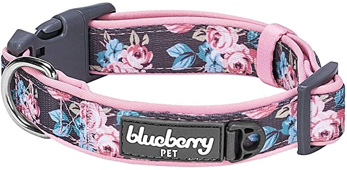 Blueberry Pet 10+ Patterns Soft & Comfy Flower Print Neoprene Padded Dog Collars - Pink Rosy Print