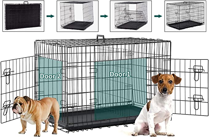BMS Dog Crate 48 inch 42 inch Dog Kennel for Large Medium Dog Crate Folding Metal Dog Crate Indoor/Outdoor Double Door Travel Metal Dog Crate with Plastic Tray