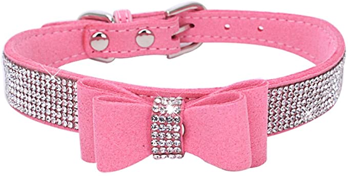 BONAWEN Crystal Dog Collar with Bow Tie Rhinestone Puppy Collars Bling for Small Dogs