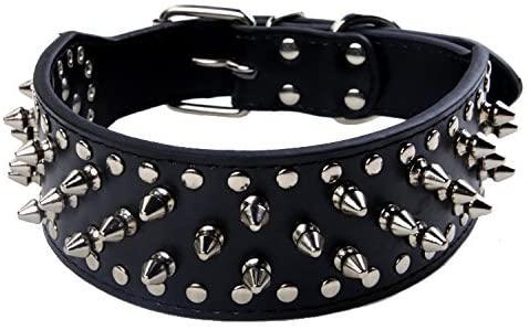 BONAWEN Leather Dog Collar Studded Dog Collar with Spikes for Large Medium Dogs,2" Width