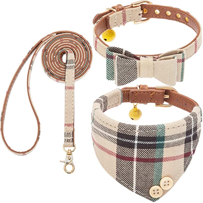 Bow Tie Dog Collar and Leash Set for Small Dogs - Puppy Leash Collars Classic Plaid - Adjustable Size with Golden Bell - Perfect for Small Breeds Boys