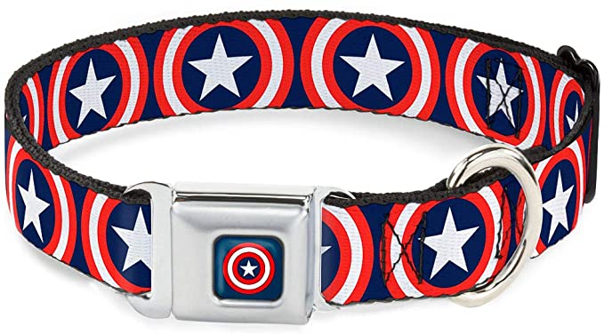 Buckle-Down Dog Collar Seatbelt Buckle Captain America Shield Repeat Navy Available in Adjustable Sizes for Small Medium Large Dogs - Nylon