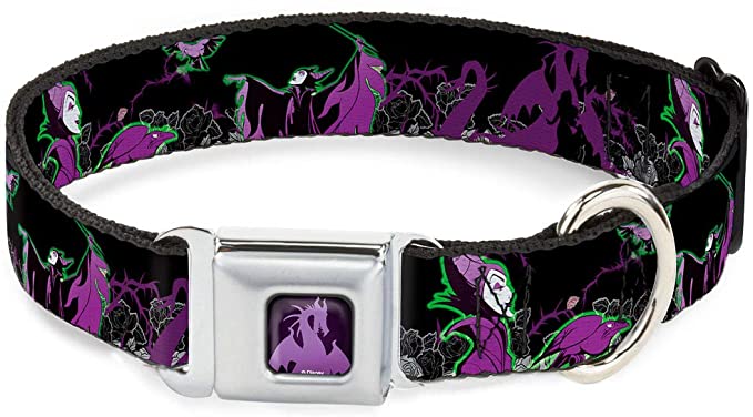 Buckle-Down Dog Collar Seatbelt Buckle Maleficent Diablo Black Roses Purples Available In Adjustable Sizes For Small Medium Large Dogs