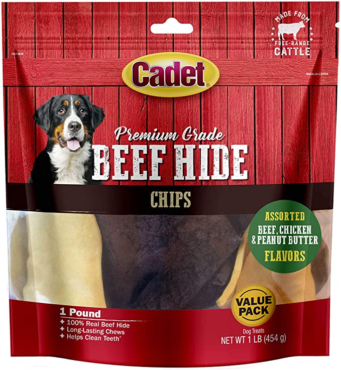 Cadet Premium Grade Beef Hide for Dogs, Rawhide Long Lasting Dog Chews, Chips - Assorted