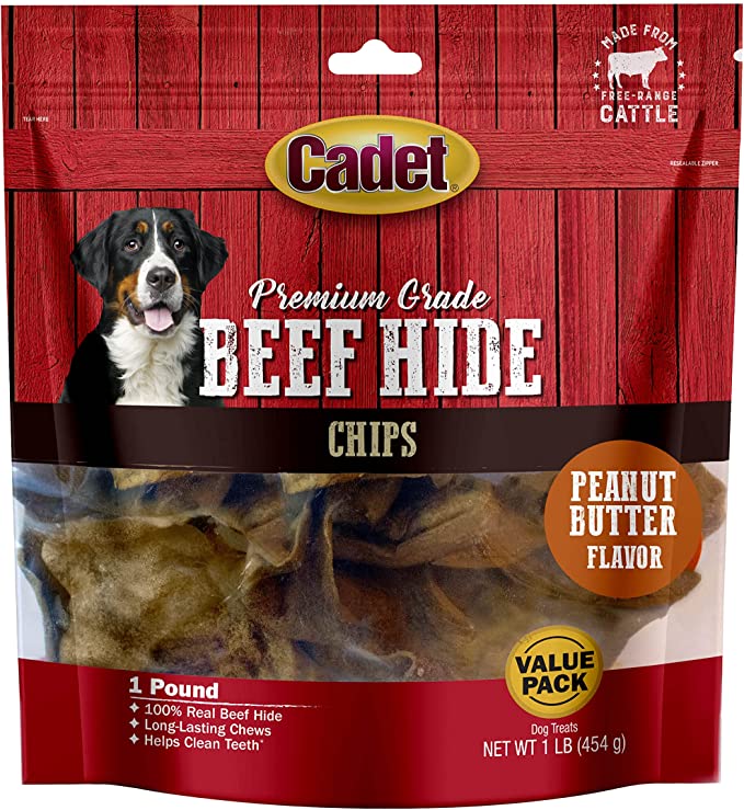 Cadet Premium Grade Beef Hide for Dogs, Rawhide Long Lasting Dog Chews, Chips - Peanut Butter