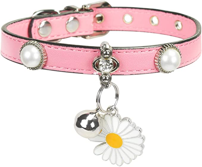 Cat Collar with Bell - Fashion Pet Collar with Rhinestone and Daisy Flower, Soft PU Leather Neck Collar for Small Dogs, Kitten and Other Small Pets (Pink)