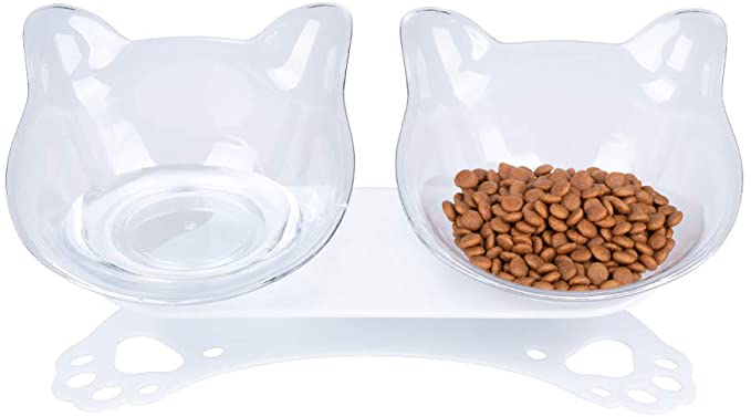 Cat Food Bowls - Tilted Cat Food Bowls - Raised Bowls for Cats and Small Dogs, Double 15°Tilted Platform Cat Food Dish with Non Slip and Durable Base Stand, Gift for Pets