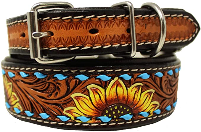CHALLENGER Padded Leather Dog Collar Floral Hand Tooled 60HR07