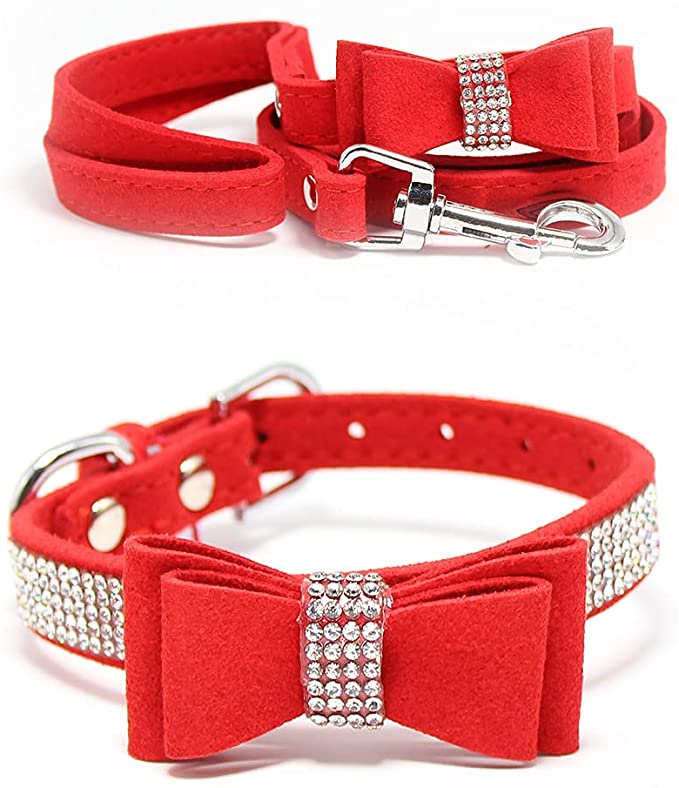 Charmsong Bowtie Dog Collar with Rhinestone Jeweled Crystal Dazzling Soft Collars for Small Dogs with Leash