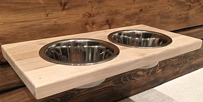 Chic, Floating, Wood, Height-Flexible Wall Mount Dog / Cat / Pet Food & Water Bowl Holder / Feeder, 2 S.S. Dishwasher-Safe Bowls (~ 7/8 pint or 14 oz or 400 ml) for Small Pets. 2-screw installation.
