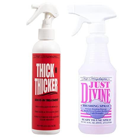 Chris Christensen Grooming Bundle, Thick N Thicker Leave-in Treatment Spray 8 oz + Just Divine Brushing Spray 16 oz