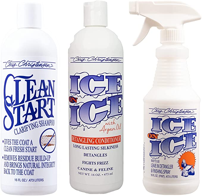 Chris Christensen Shampoo & Conditioner 16 oz Bundle, Clean Start Clarifying Shampoo + Ice on Ice Detangling Conditioner + Dentangling/Finishing Spray