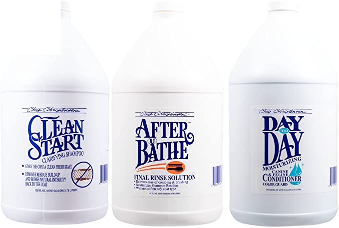 Chris Christensen Shampoo & Conditioner Gallon Bundle, Clean Start Shampoo + After U Bathe Final Rinse Solution + Day to Day Condiutioner